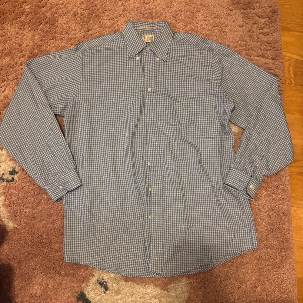 LL BEAN Men's Blue Check Grid Wrinkle Resistant Casual Button Shirt L-Tall VTG - Picture 2 of 7
